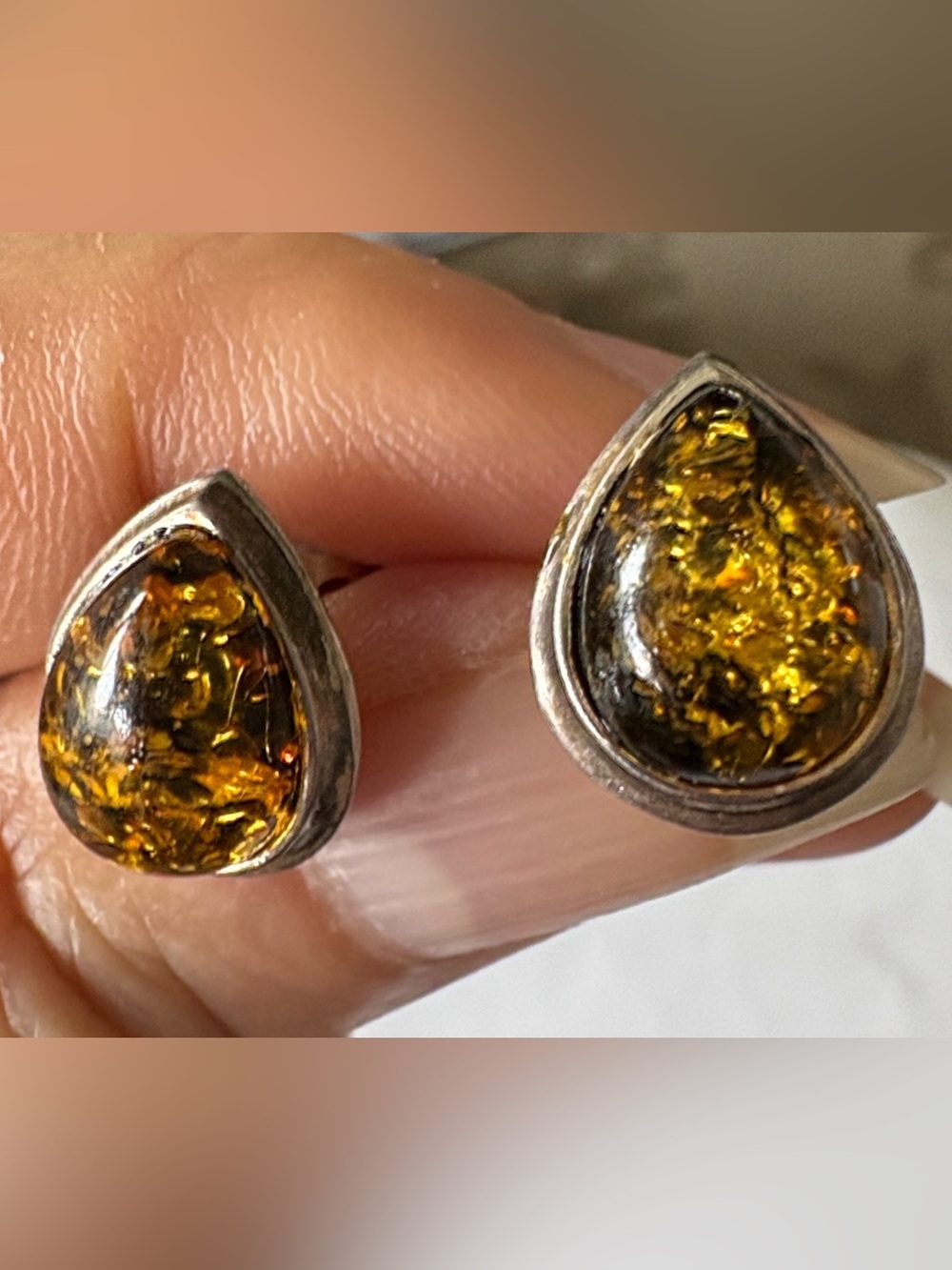Vintage Baltic Yellow Amber Teardrop Shaped Silver Stud Earrings